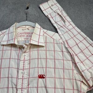 Canterbury of New Zealand Men's White Windowpane Button Up‎ Cotton Shirt Large